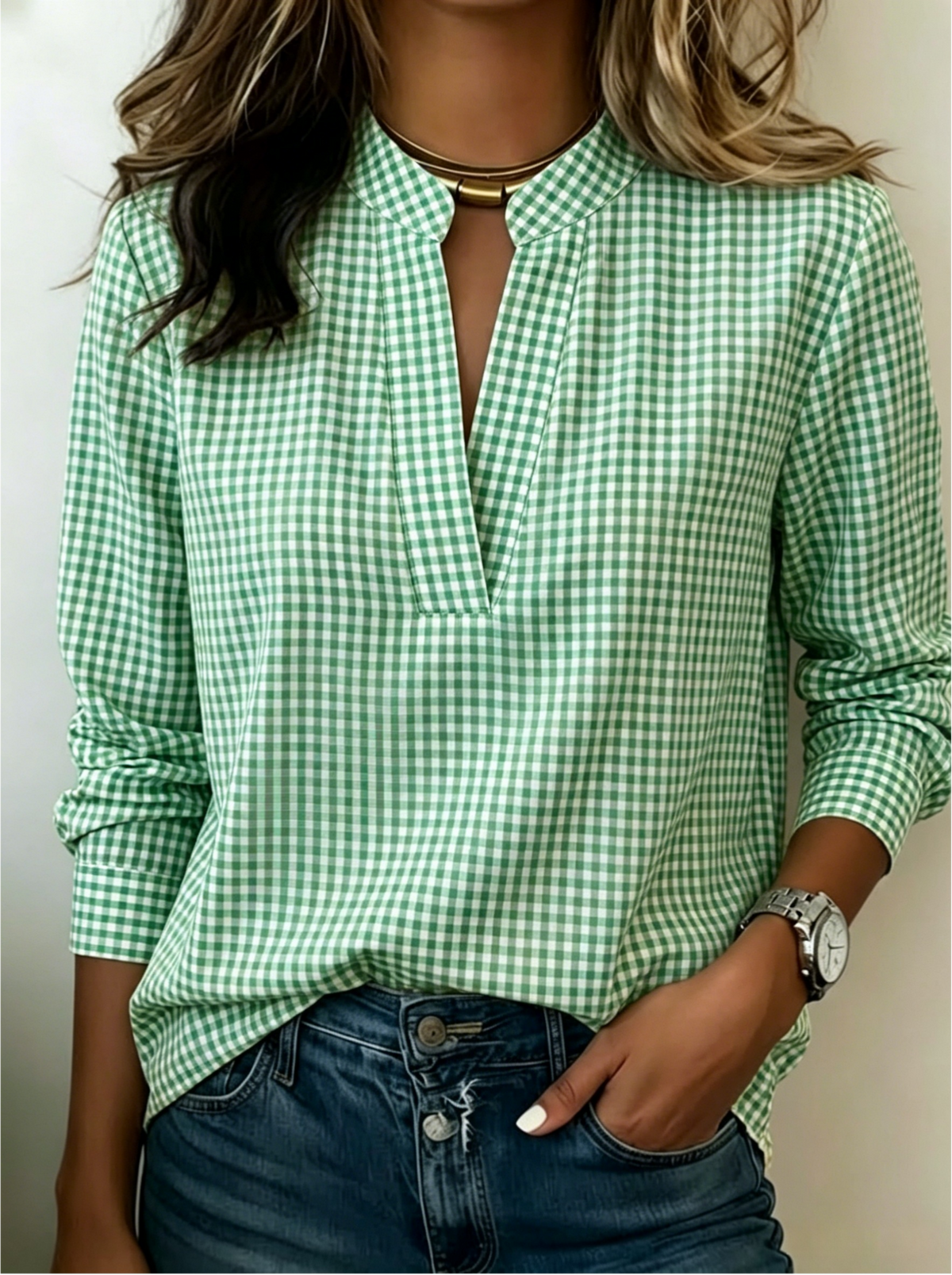 Today 50% Off🔥Women’s Classic Gingham Split V-Neck Blouse