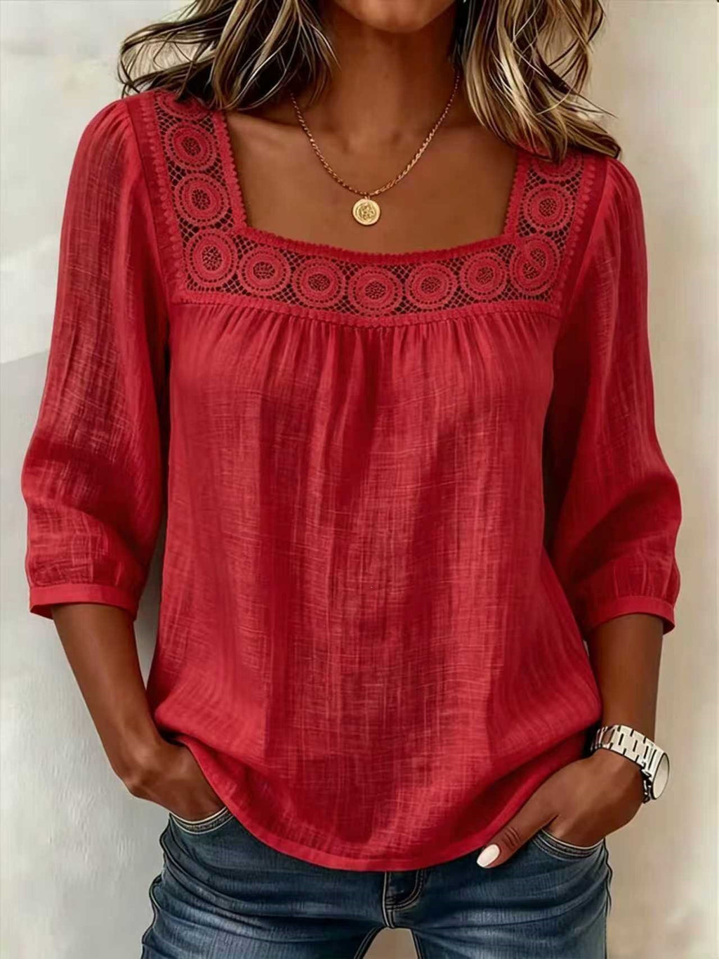 Casual Solid Color Cotton Linen Lace Neck Mid-Sleeve A-Line Swing Top