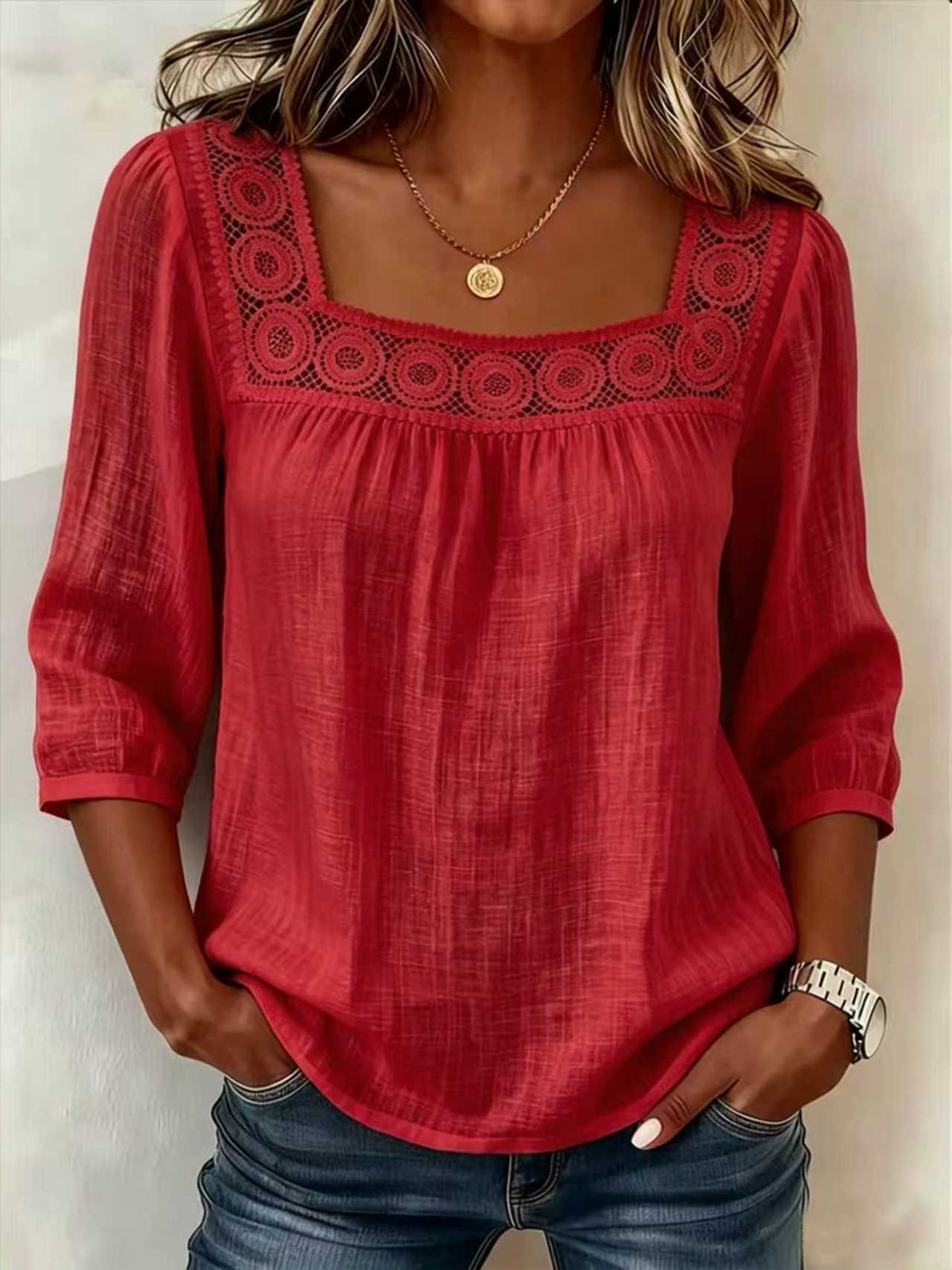 Casual Solid Color Cotton Linen Lace Neck Mid-Sleeve A-Line Swing Top