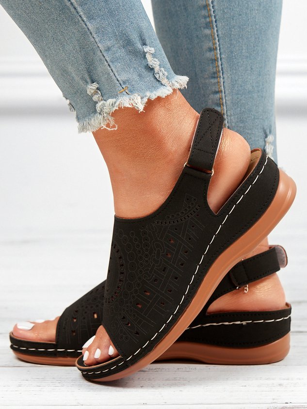 Ethnic Pattern Punched Hollow Velcro Vintage Hook And Loop Comfortable Wedge Sandals