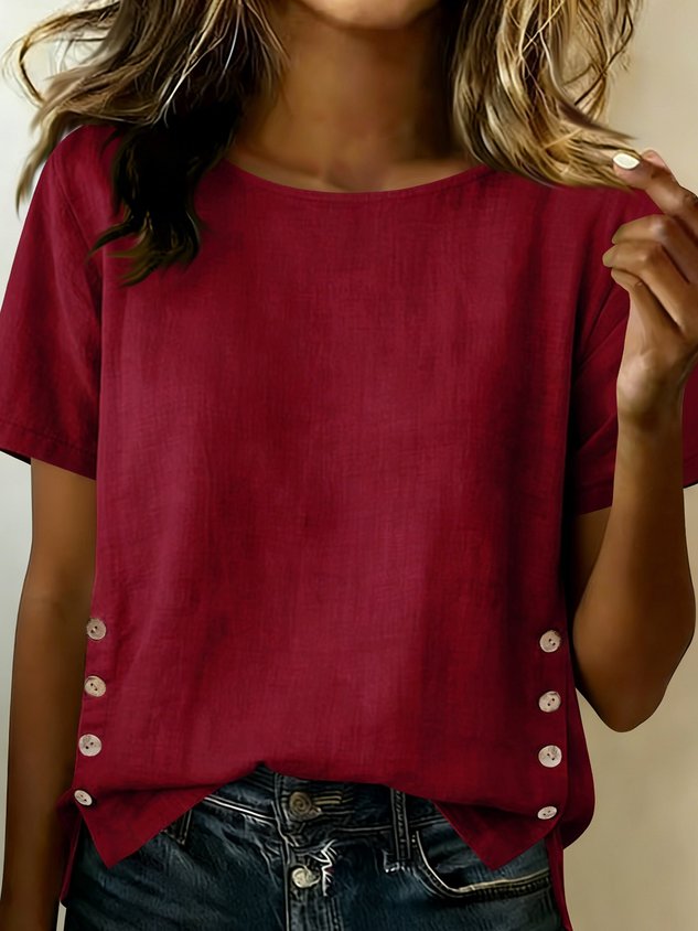 Cotton Linen Vintage Plain Round Neck Short Sleeve Side Button Casual Top