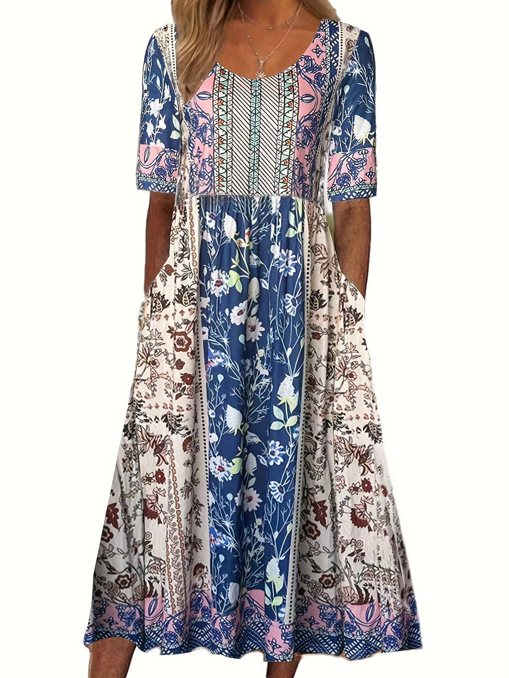 Women's round neck short sleeve bohemian print dress