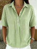 Minimalist Summer Oversized Collar Blouse, Women Short Sleeve Button Front Striped Resort Shirt