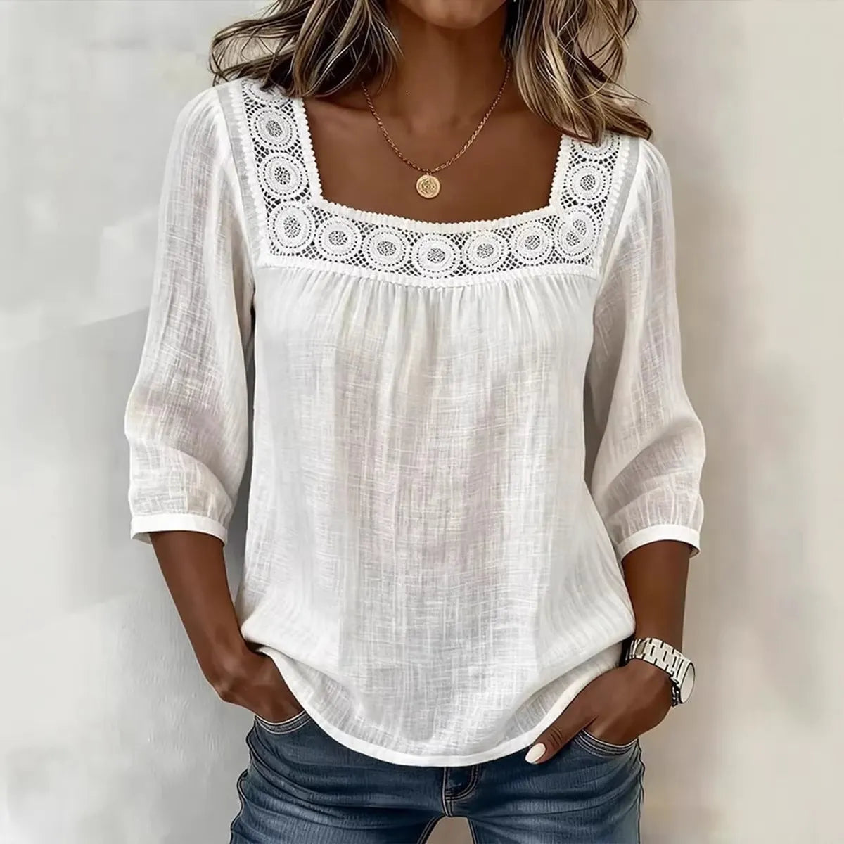 Casual Solid Color Cotton Linen Lace Neck Mid-Sleeve A-Line Swing Top