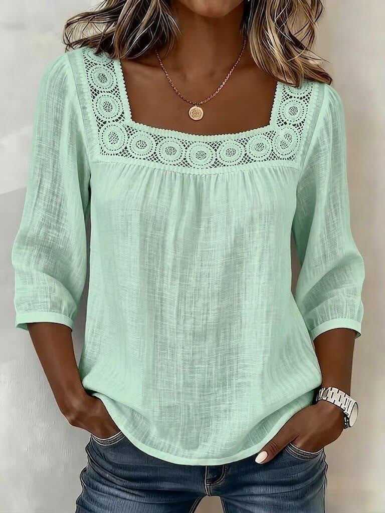 Casual Solid Color Cotton Linen Lace Neck Mid-Sleeve A-Line Swing Top