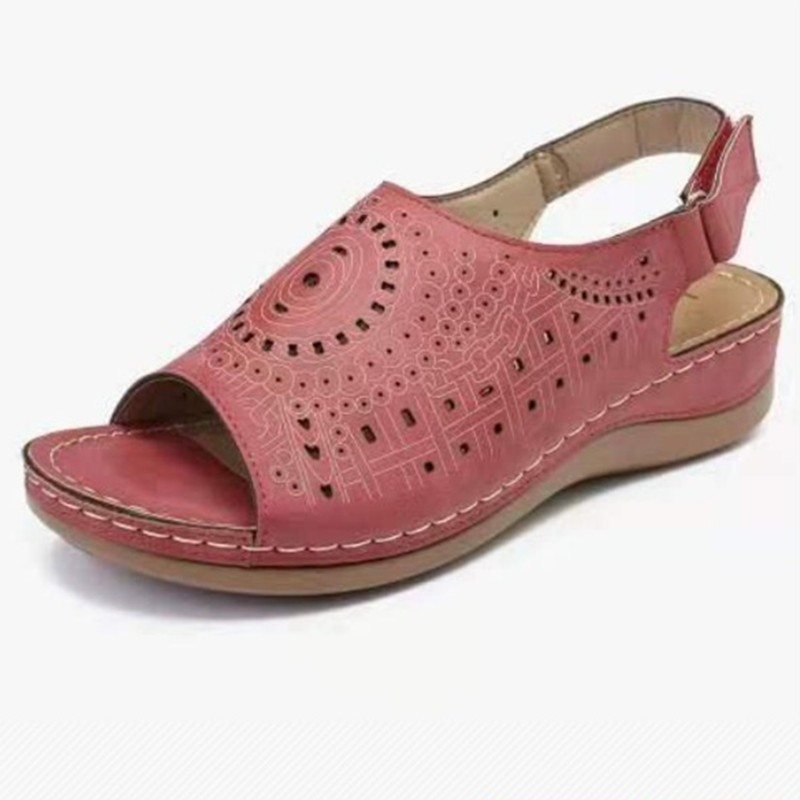 Ethnic Pattern Punched Hollow Velcro Vintage Hook And Loop Comfortable Wedge Sandals
