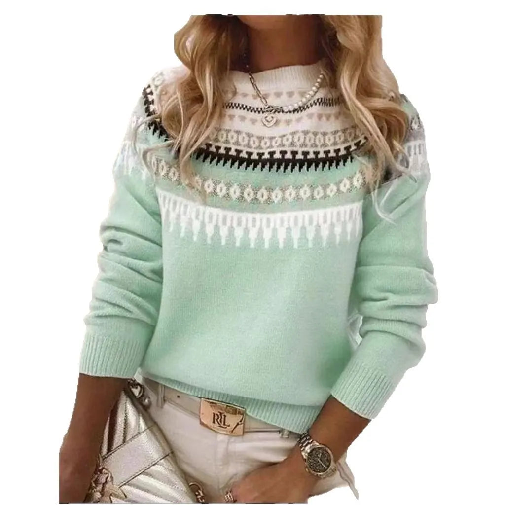 Ladies Vintage Nordic Jacquard Knit Top Crew Neck Long Sleeve Casual Sweater