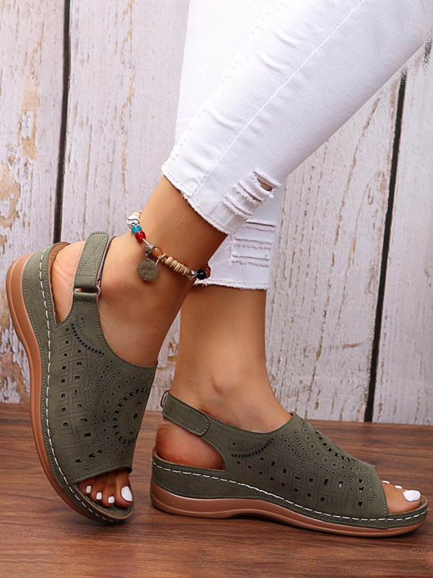 Ethnic Pattern Punched Hollow Velcro Vintage Hook And Loop Comfortable Wedge Sandals