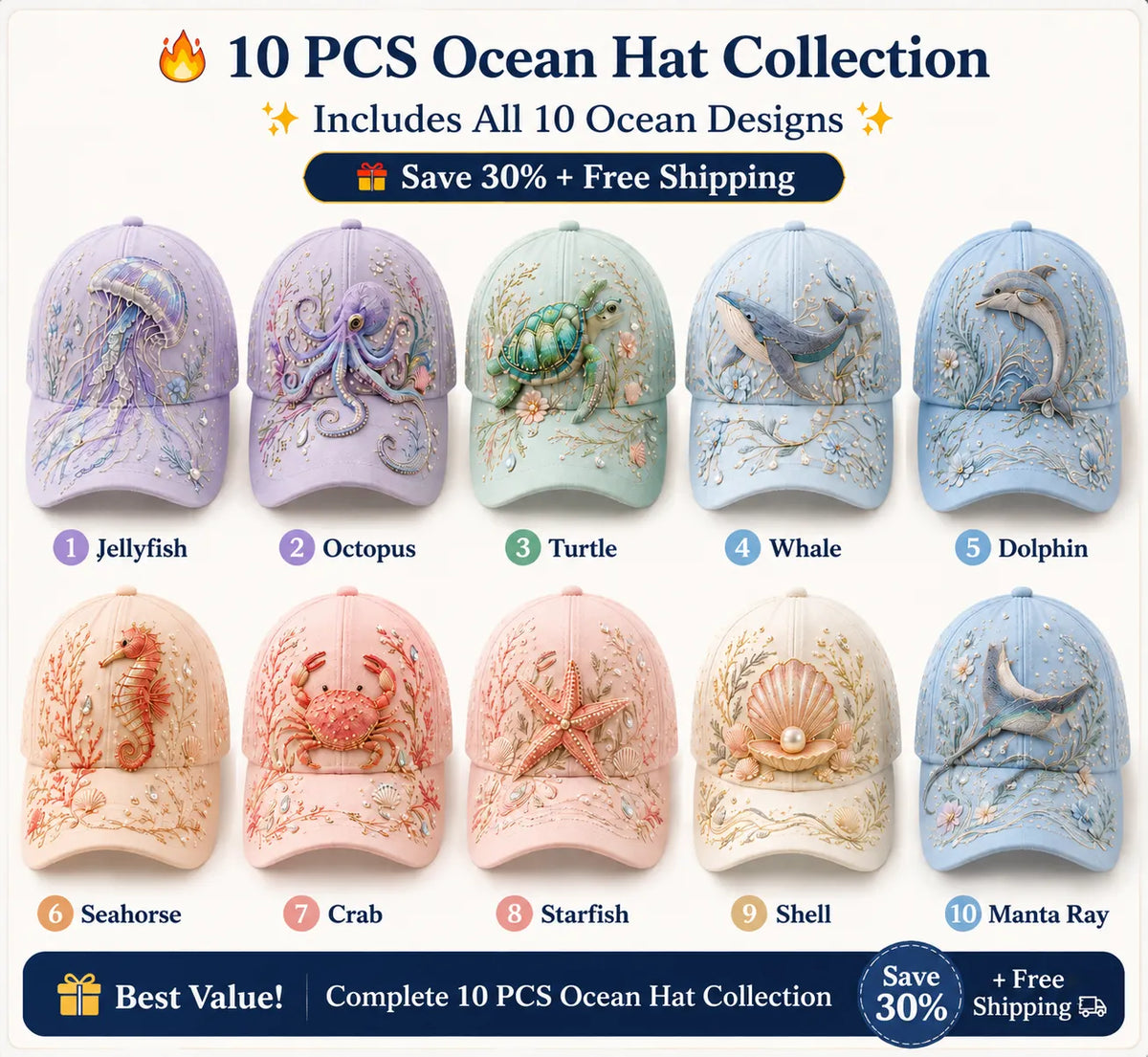 🌊 3D Ocean Creatures Embroidery Cap | Pearl & Crystal Adjustable Hat for Beach, Travel & Everyday Wear