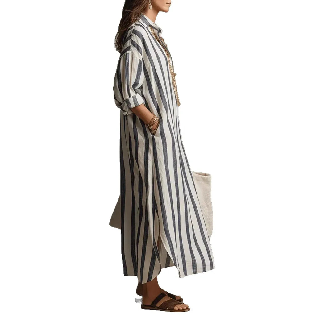 Minimalist Vertical Stripe Cotton Long Shirt Dress Oversized Relaxed Fit Side Pocket Vacation Resort Midi Maxi Dress