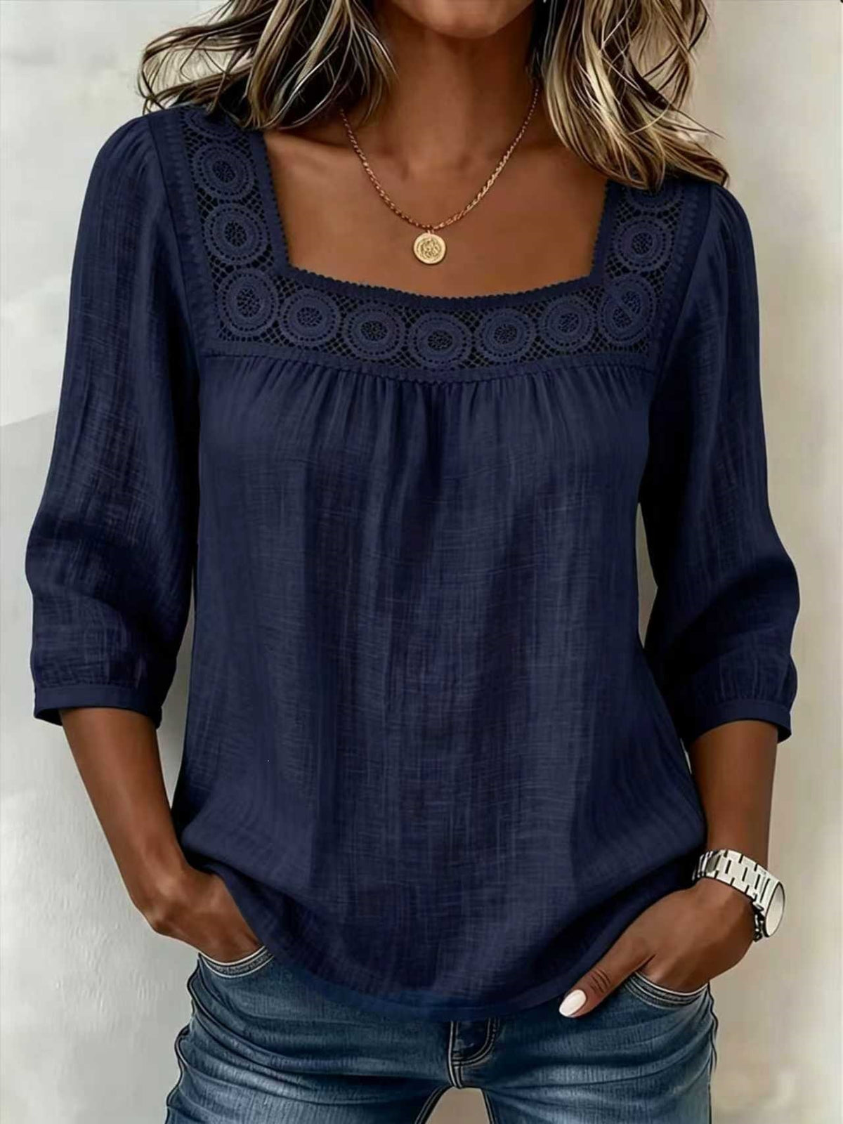 Casual Solid Color Cotton Linen Lace Neck Mid-Sleeve A-Line Swing Top