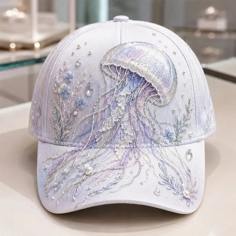 🌊 3D Ocean Creatures Embroidery Cap | Pearl & Crystal Adjustable Hat for Beach, Travel & Everyday Wear