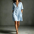 Minimalist Solid Color Shirt Dress Turn Down Collar V Neck Half Button Short Sleeve Relaxed Vacation Mini Dress