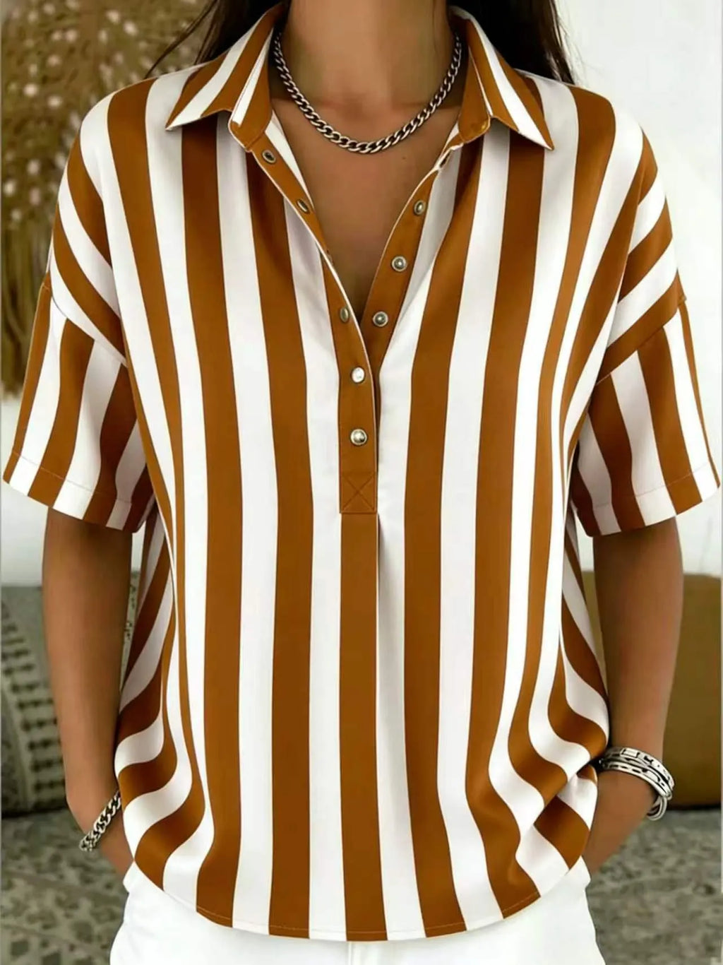 Minimalist Summer Oversized Collar Blouse, Women Short Sleeve Button Front Striped Resort Shirt