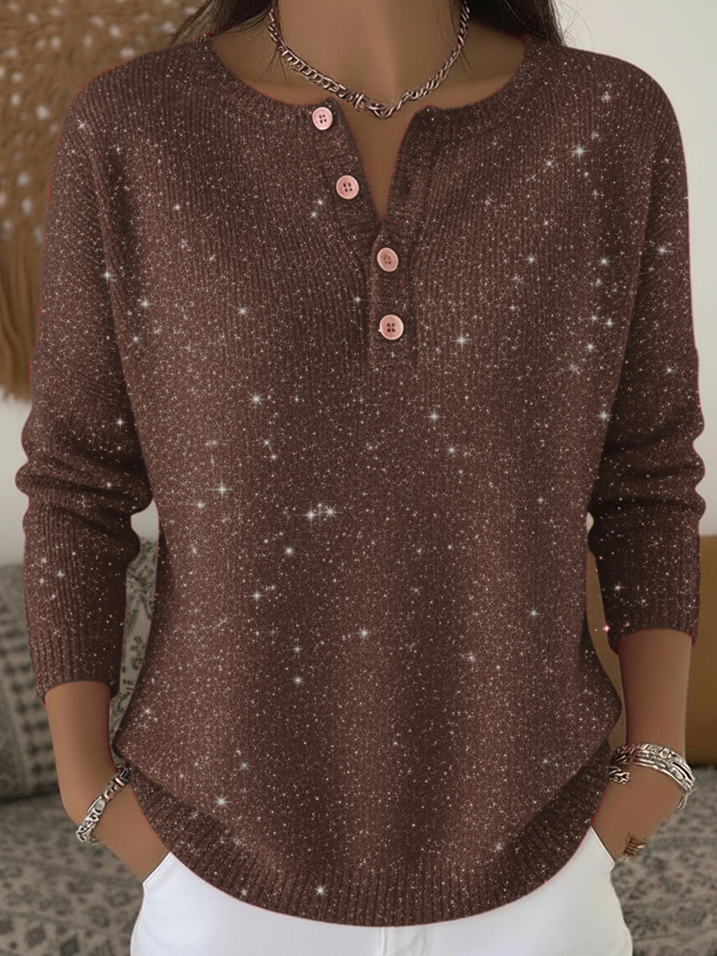 Women's Shiny Henley Neck Solid Color Sweater Top