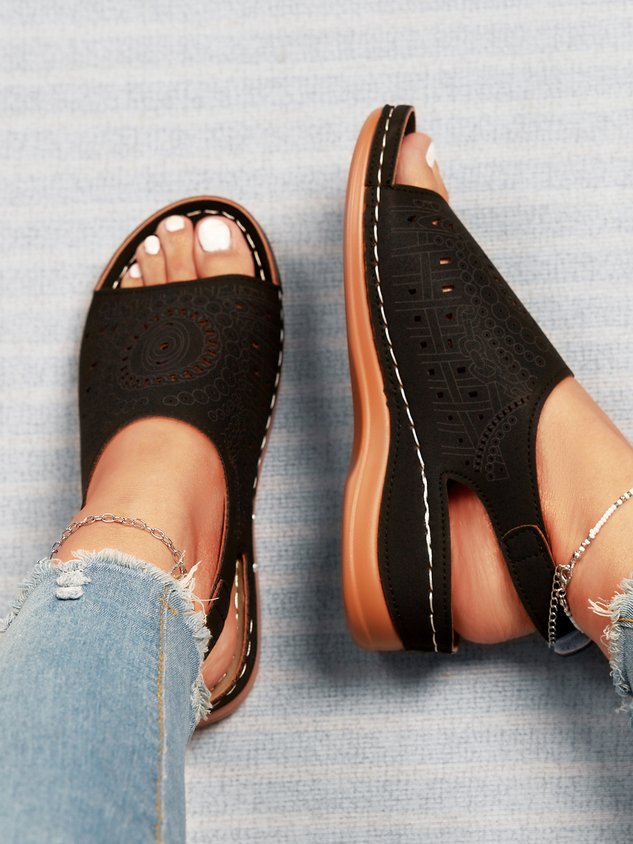 Ethnic Pattern Punched Hollow Velcro Vintage Hook And Loop Comfortable Wedge Sandals