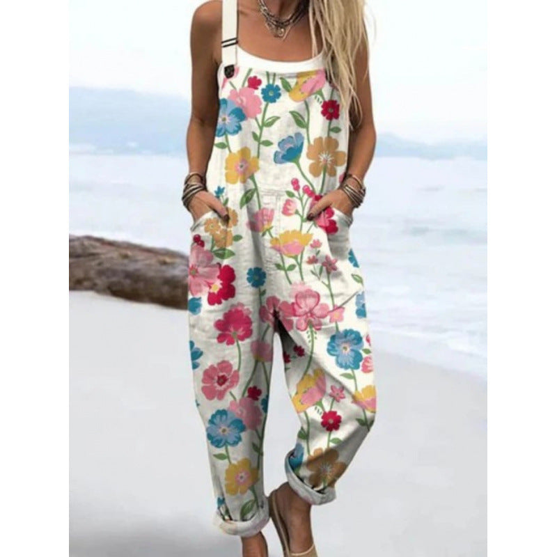 Printed Loose Overalls | Women's Casual Sleeveless Jumpsuit