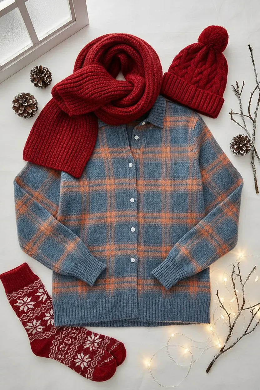Women's Plaid Print Casual Cotton Buttoned Cardigan Sweater