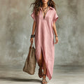Women Lapel V Neck Maxi Shirt Dress Batwing Short Sleeve Side High Slit Loose Boho Resort Long Dress