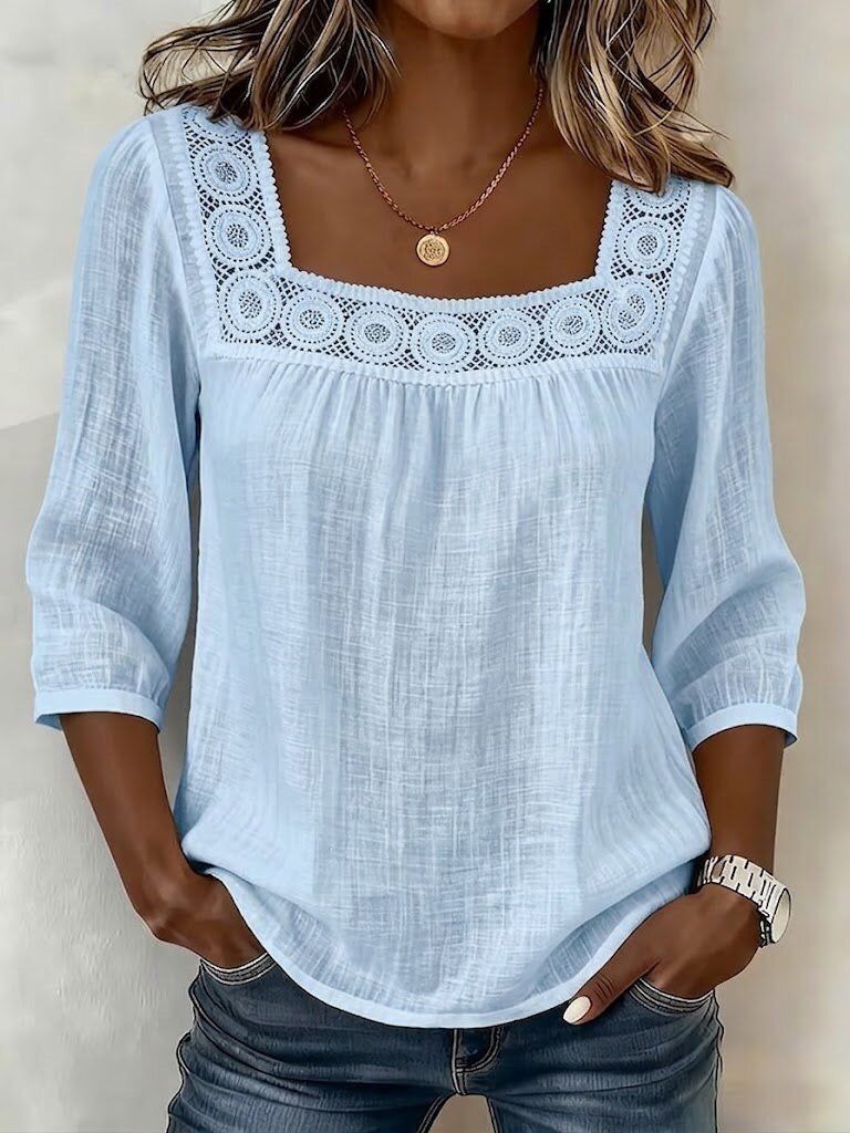 Casual Solid Color Cotton Linen Lace Neck Mid-Sleeve A-Line Swing Top