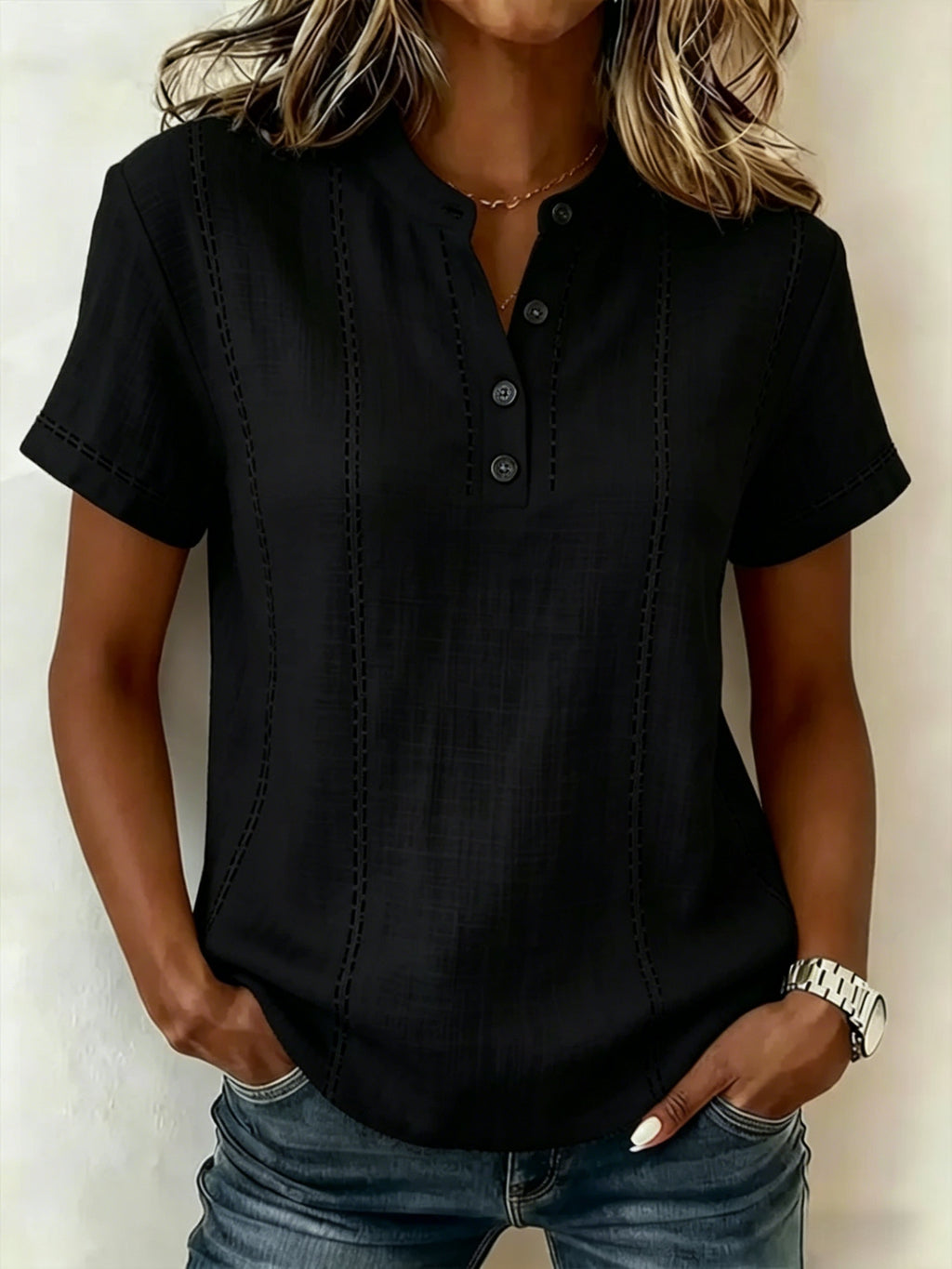 Women's V-neck Short-sleeve Casual Loose Cotton-linen Top