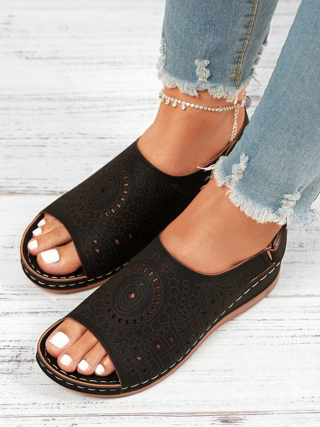 Ethnic Pattern Punched Hollow Velcro Vintage Hook And Loop Comfortable Wedge Sandals