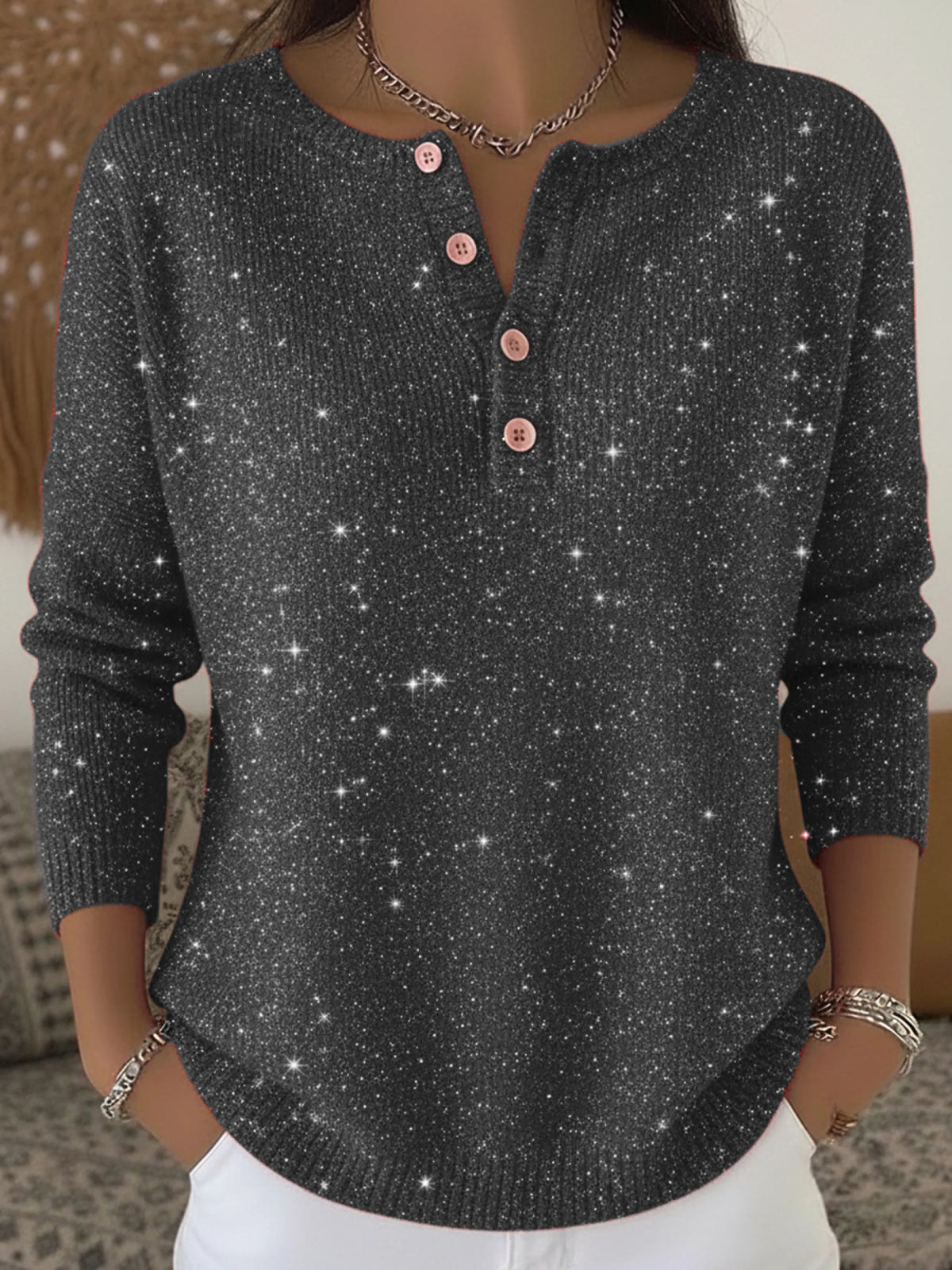 Women's Shiny Henley Neck Solid Color Sweater Top