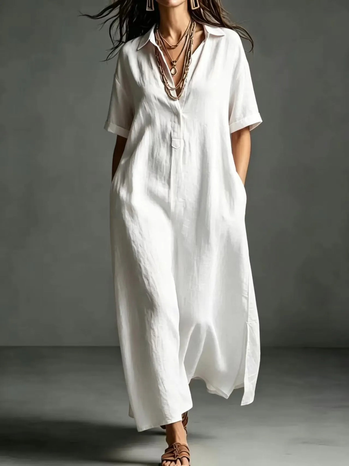 Minimalist Textured Cotton Linen Shirt Dress Ladies Half Button V Neck Pocket Summer Vacation Maxi Gown