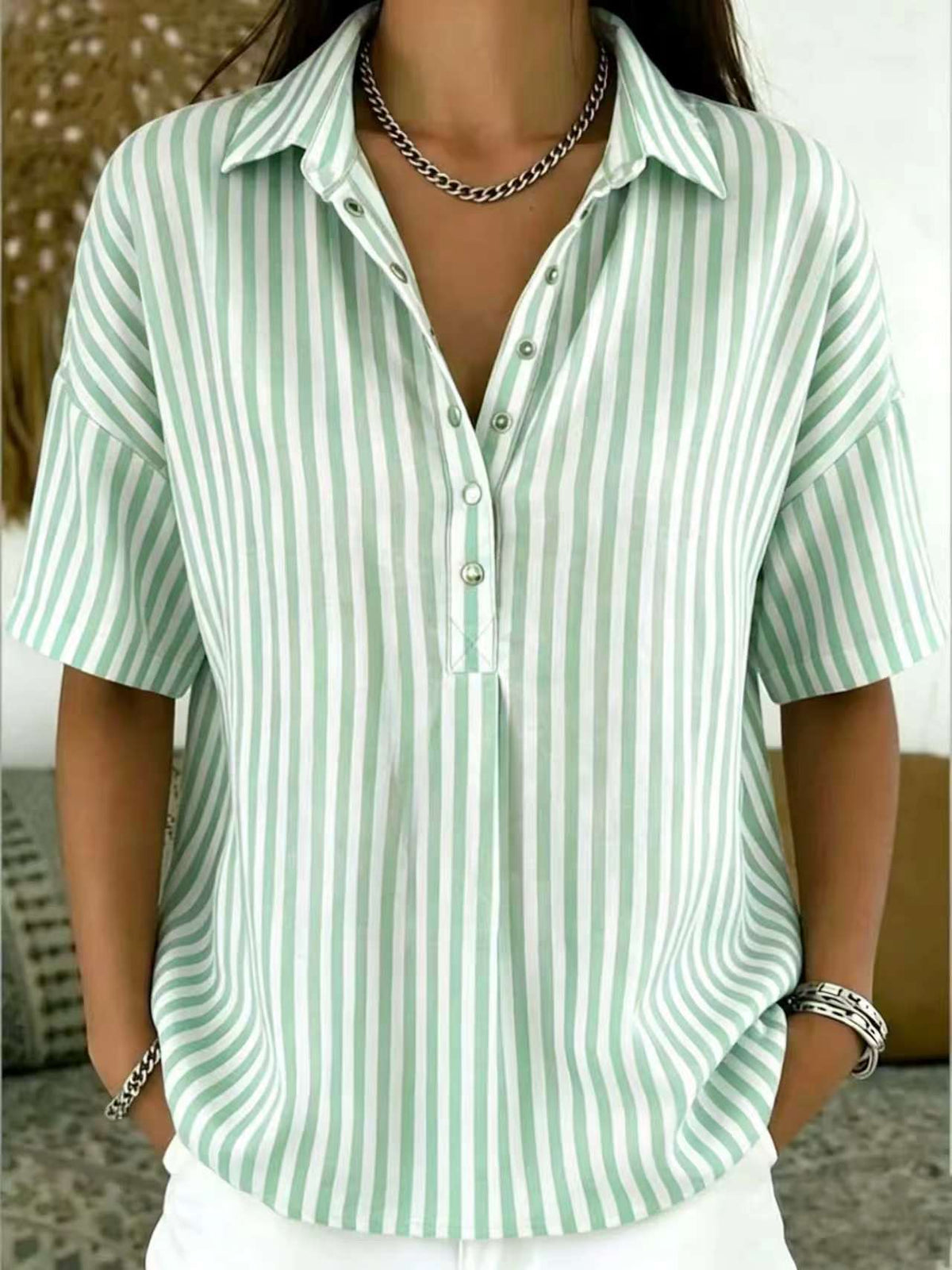 Minimalist Summer Oversized Collar Blouse, Women Short Sleeve Button Front Striped Resort Shirt