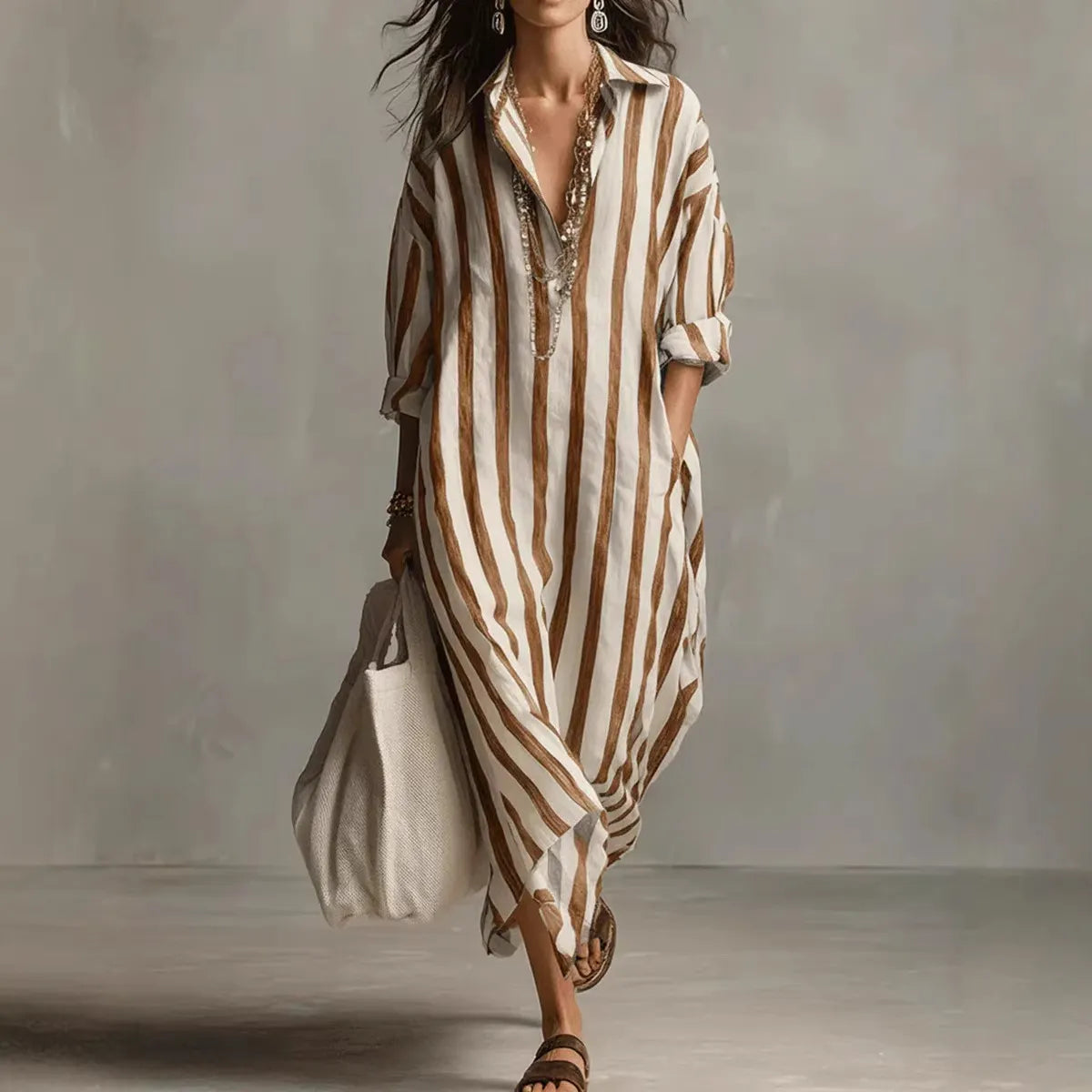 Minimalist Vertical Stripe Cotton Long Shirt Dress Oversized Relaxed Fit Side Pocket Vacation Resort Midi Maxi Dress