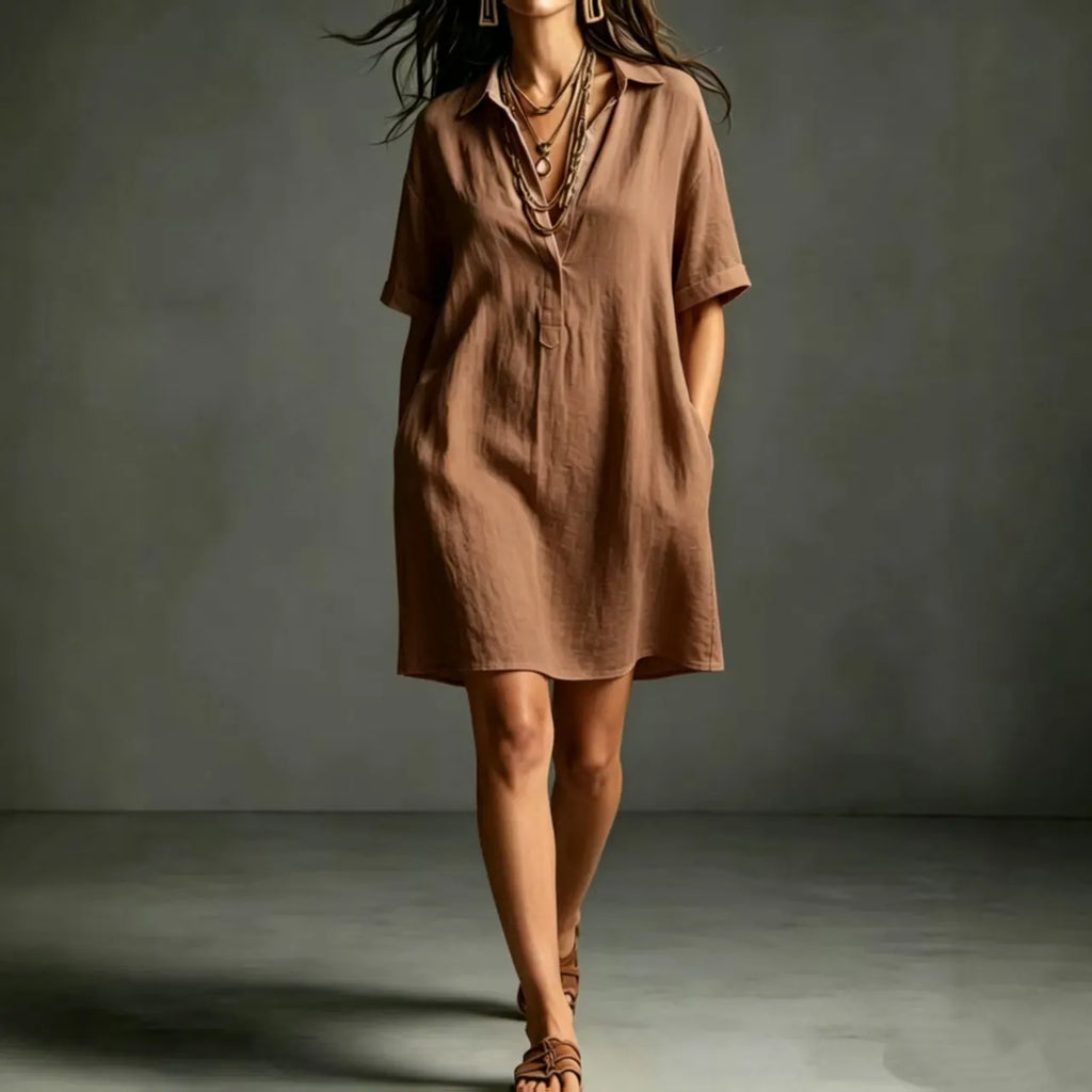 Minimalist Solid Color Shirt Dress Turn Down Collar V Neck Half Button Short Sleeve Relaxed Vacation Mini Dress