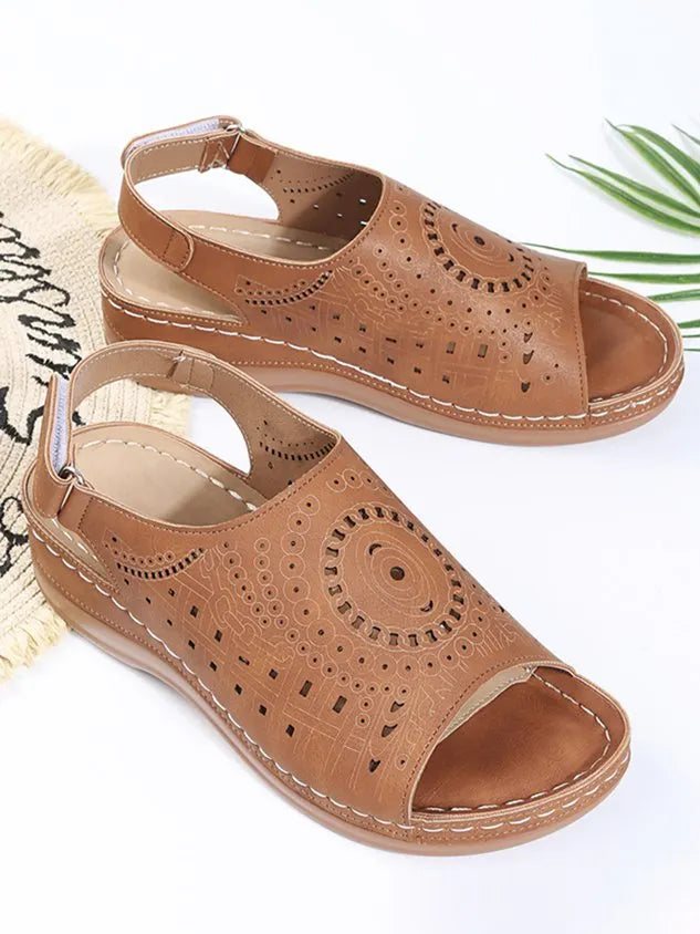 Ethnic Pattern Punched Hollow Velcro Vintage Hook And Loop Comfortable Wedge Sandals