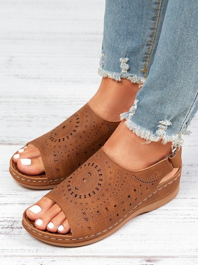 Ethnic Pattern Punched Hollow Velcro Vintage Hook And Loop Comfortable Wedge Sandals