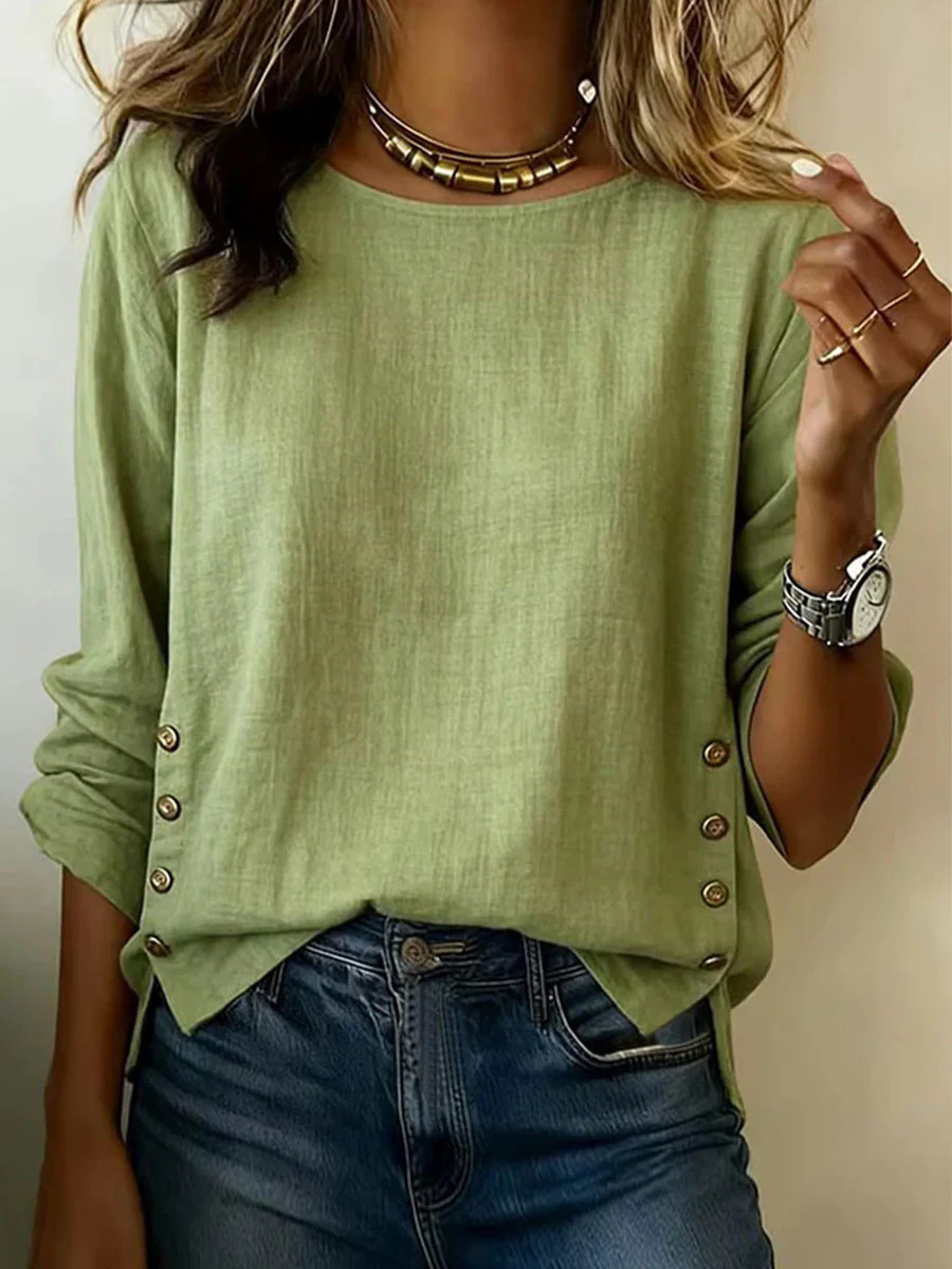 Cotton Linen Vintage Plain Round Neck Short Sleeve Side Button Casual Top