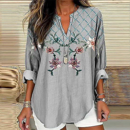 Split V-Neck 3/4 Sleeve Loose Fit Casual Top