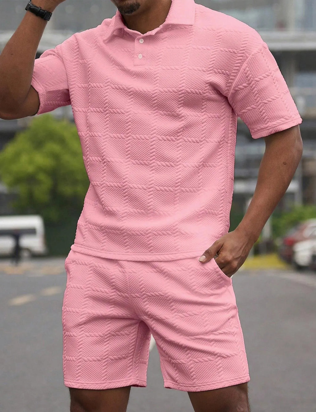 Men Textured Jacquard 2 Piece Matching Set