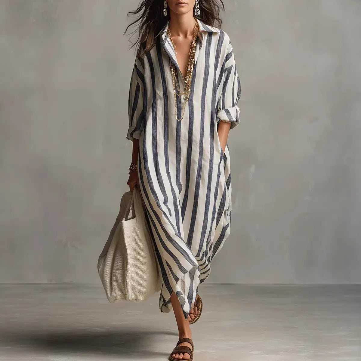 Minimalist Vertical Stripe Cotton Long Shirt Dress Oversized Relaxed Fit Side Pocket Vacation Resort Midi Maxi Dress