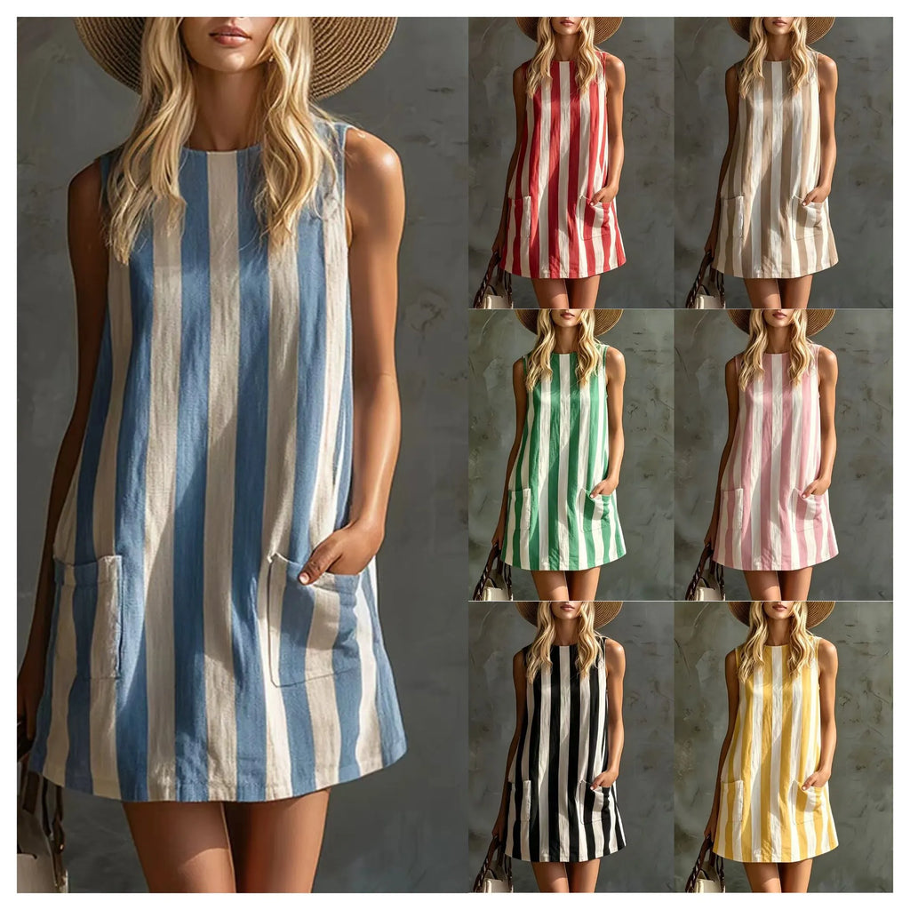 Summer Resort Women Vertical Stripe Loose Mini Dress