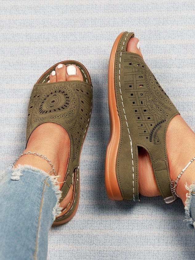 Ethnic Pattern Punched Hollow Velcro Vintage Hook And Loop Comfortable Wedge Sandals