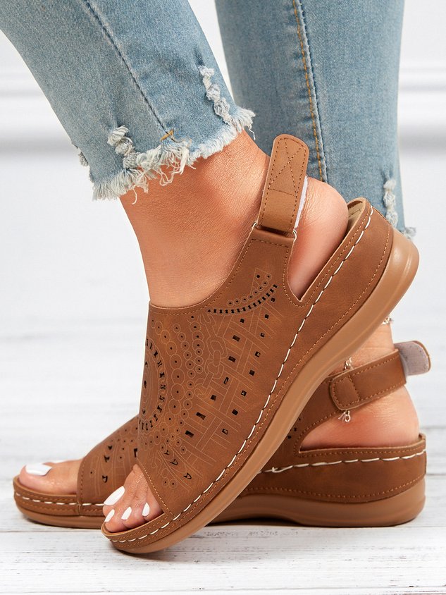 Ethnic Pattern Punched Hollow Velcro Vintage Hook And Loop Comfortable Wedge Sandals
