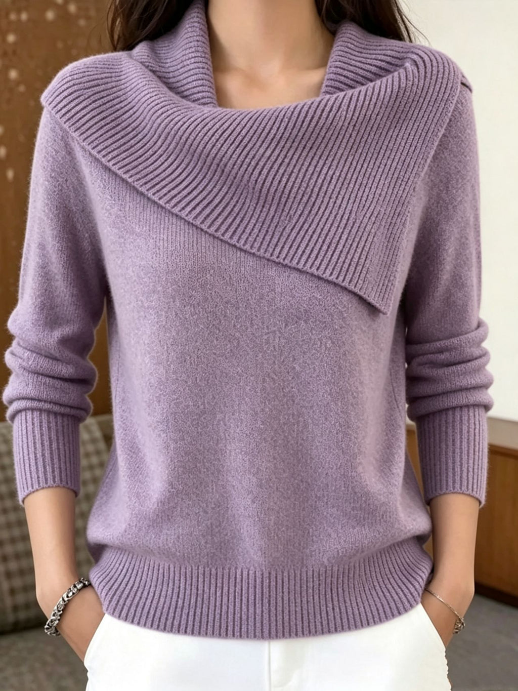 Women's Asymmetric Wide-Collar Knit Sweater