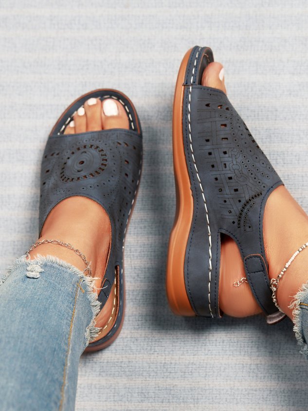 Ethnic Pattern Punched Hollow Velcro Vintage Hook And Loop Comfortable Wedge Sandals