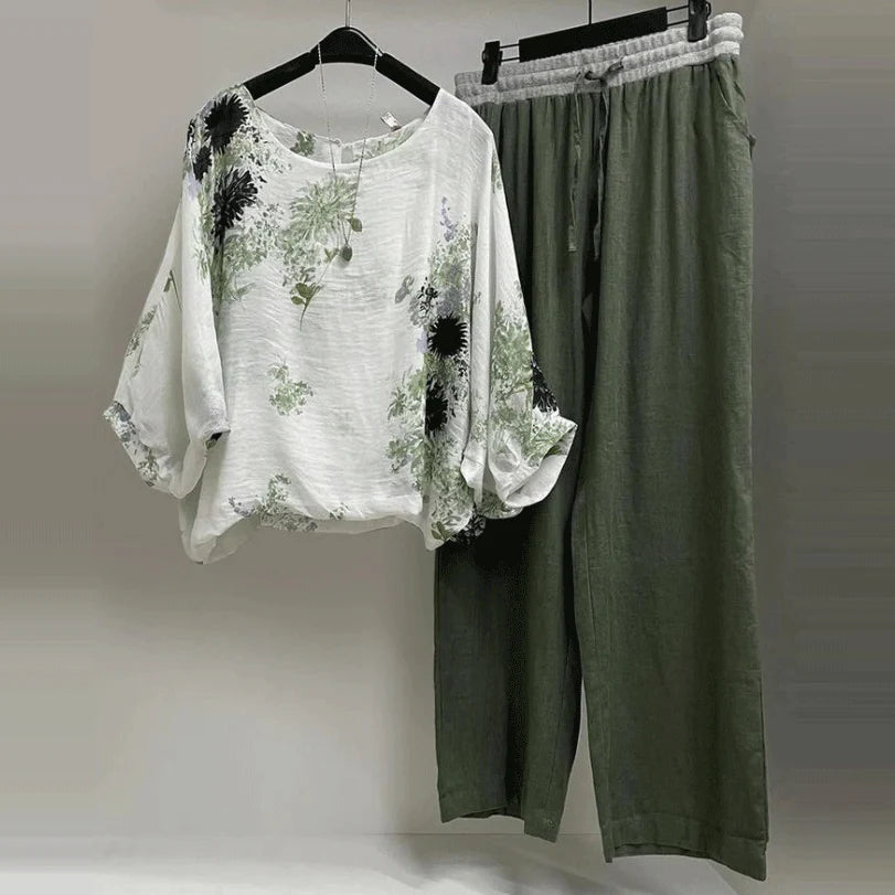 Women's Floral Print Two-Piece Set | Batwing Sleeve Top & Linen Wide Leg Pants