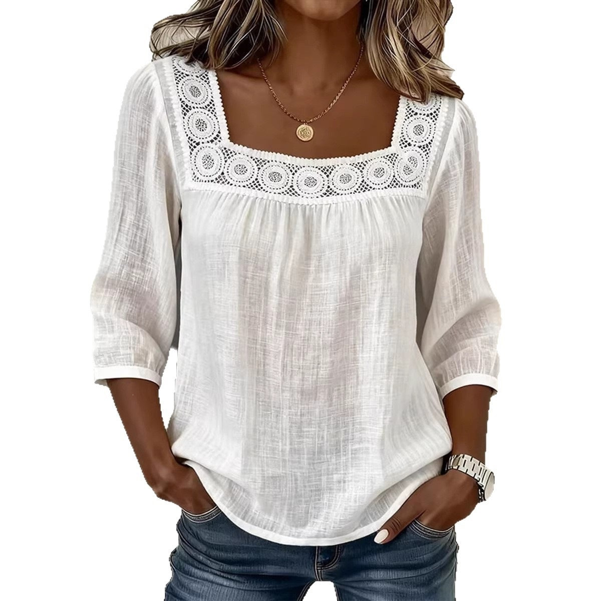 Casual Solid Color Cotton Linen Lace Neck Mid-Sleeve A-Line Swing Top