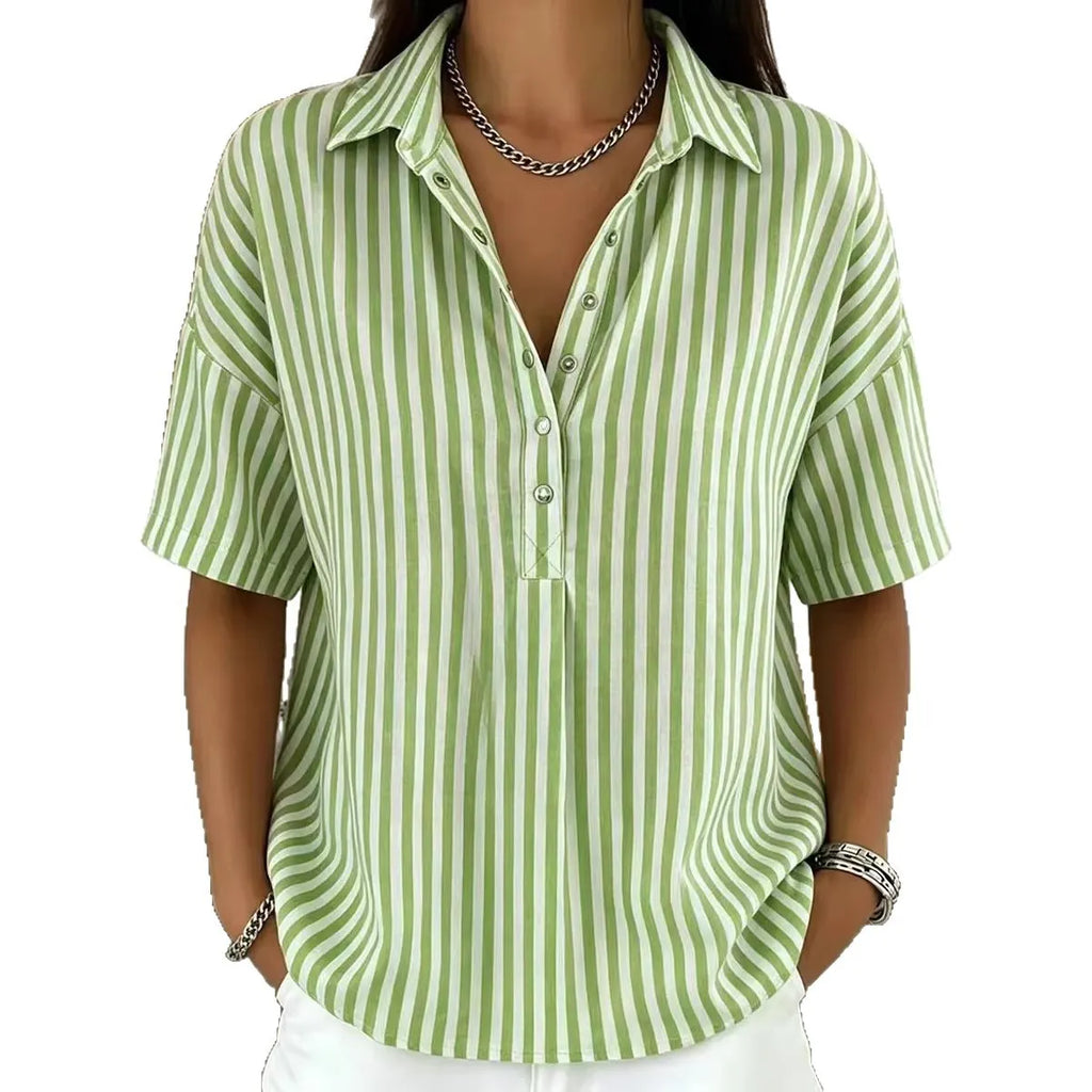 Minimalist Summer Oversized Collar Blouse, Women Short Sleeve Button Front Striped Resort Shirt