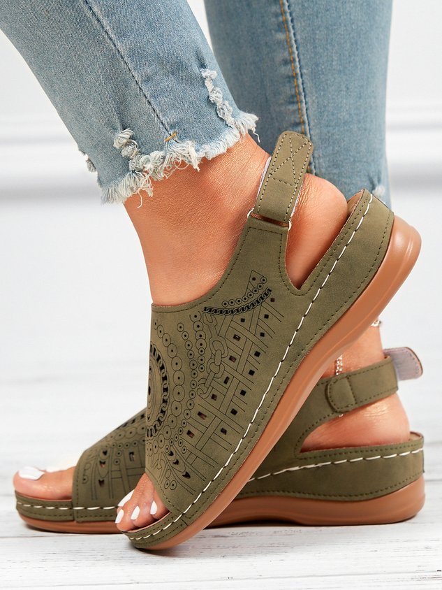 Ethnic Pattern Punched Hollow Velcro Vintage Hook And Loop Comfortable Wedge Sandals