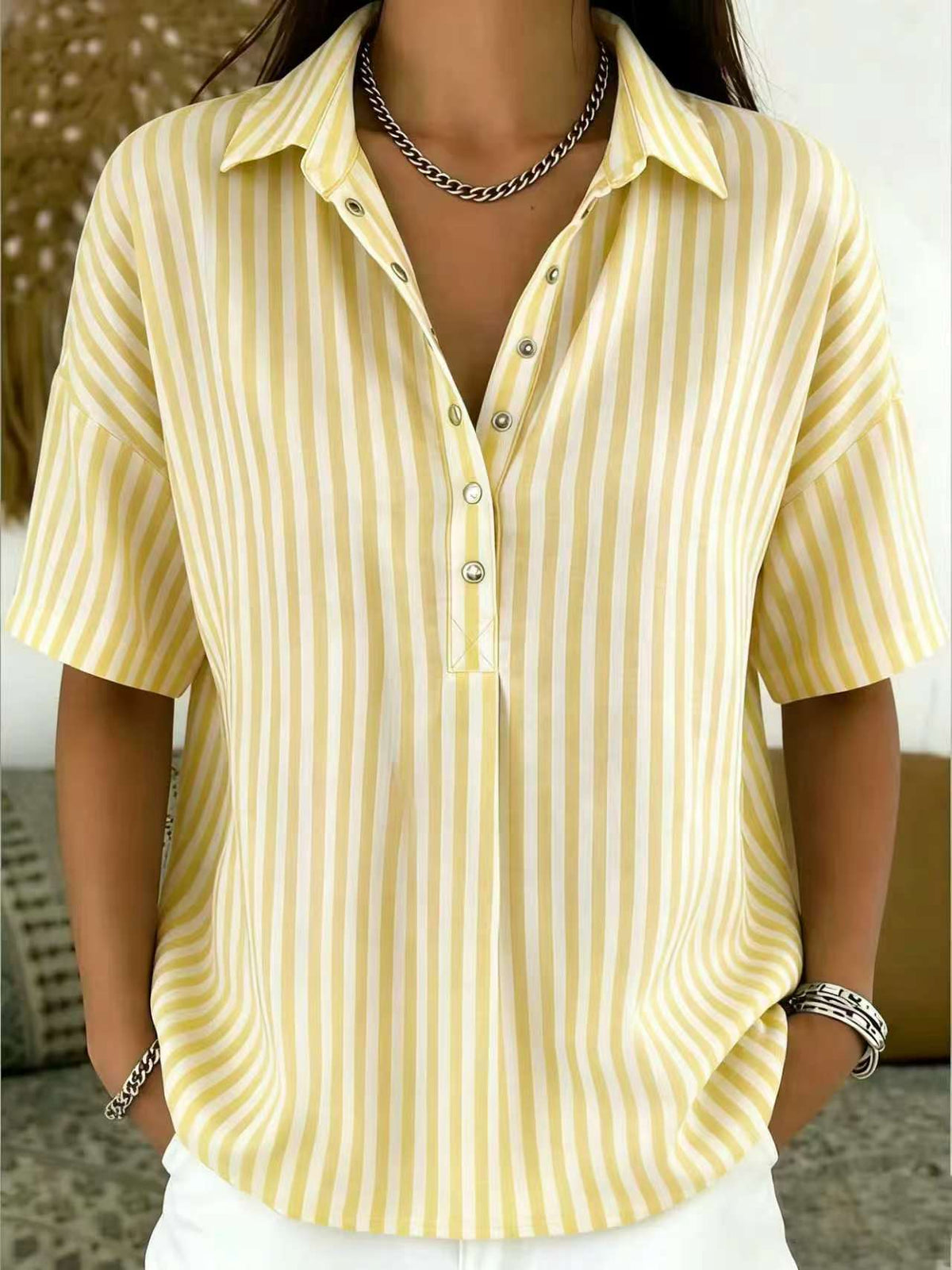 Minimalist Summer Oversized Collar Blouse, Women Short Sleeve Button Front Striped Resort Shirt