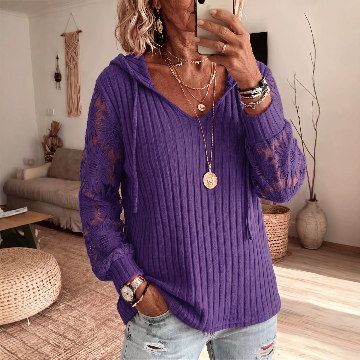 Ladies Drawstring Hoodie V‑Neck Lace Floral Long Sleeve Ribbed Knit Casual Pullover Top