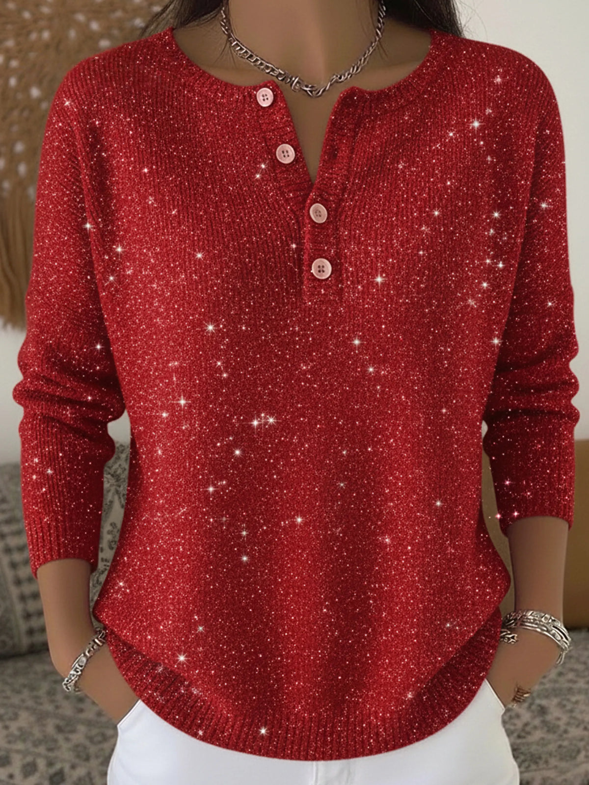 Women's Shiny Henley Neck Solid Color Sweater Top