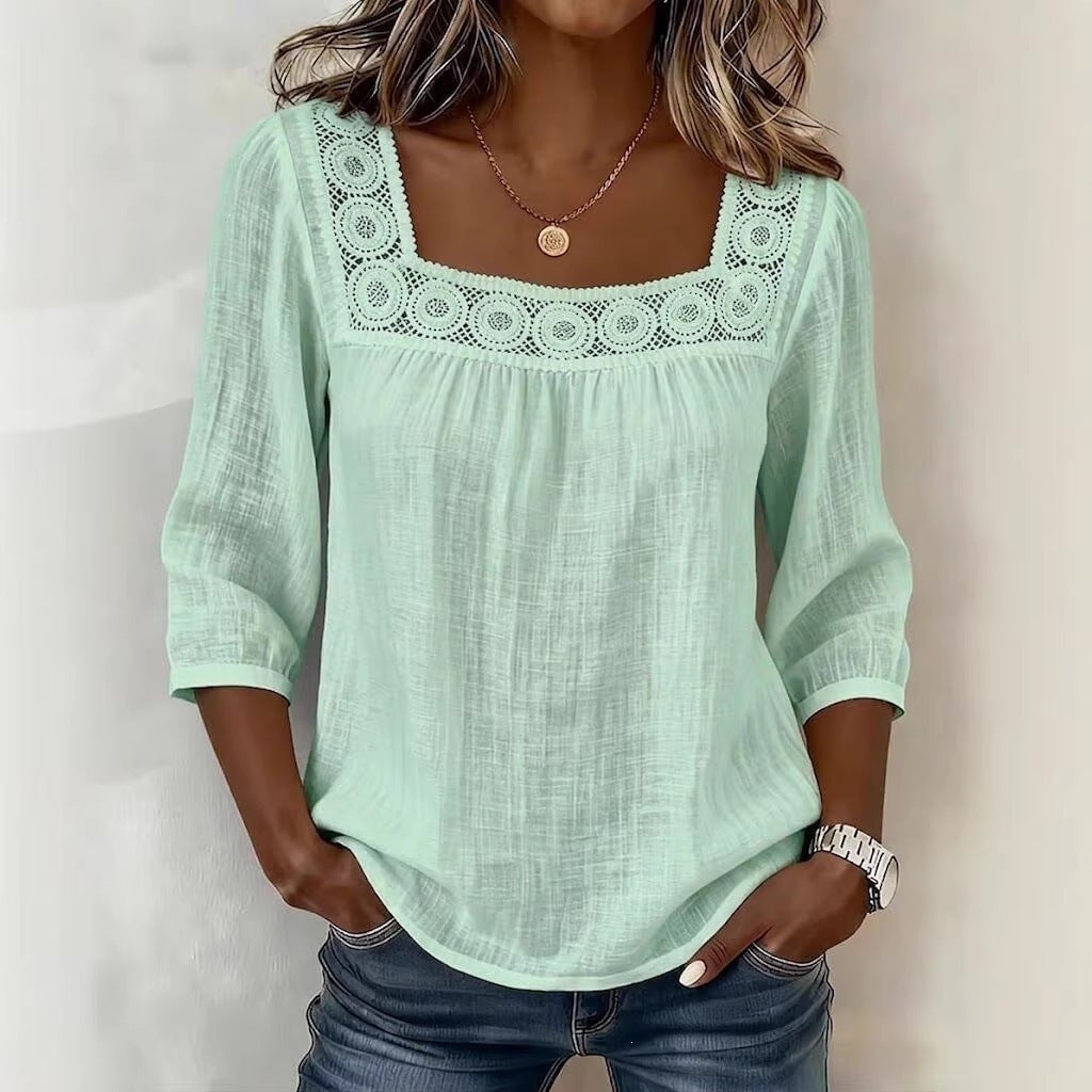 Casual Solid Color Cotton Linen Lace Neck Mid-Sleeve A-Line Swing Top